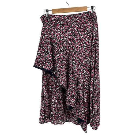 Rachel Zoe Waterfall Midi Skirt WMNS 12 Black Pink Floral Ruffle Elastic Waist - Picture 1 of 6